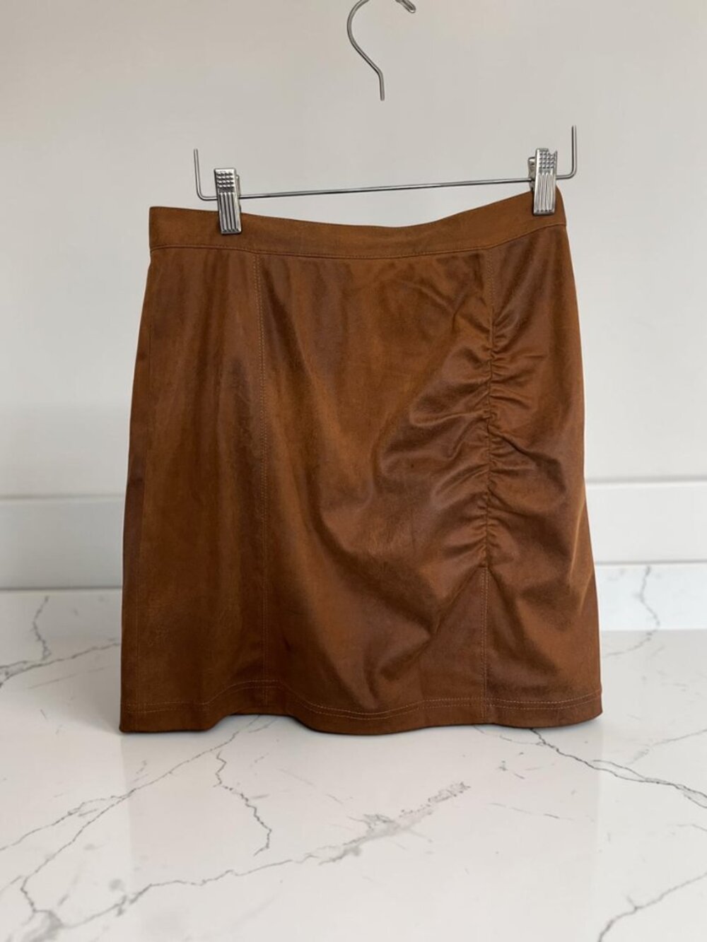 Free People Brown Faux Suede Ruched Mini Skirt Small Boho Western Fall - Picture 8 of 8
